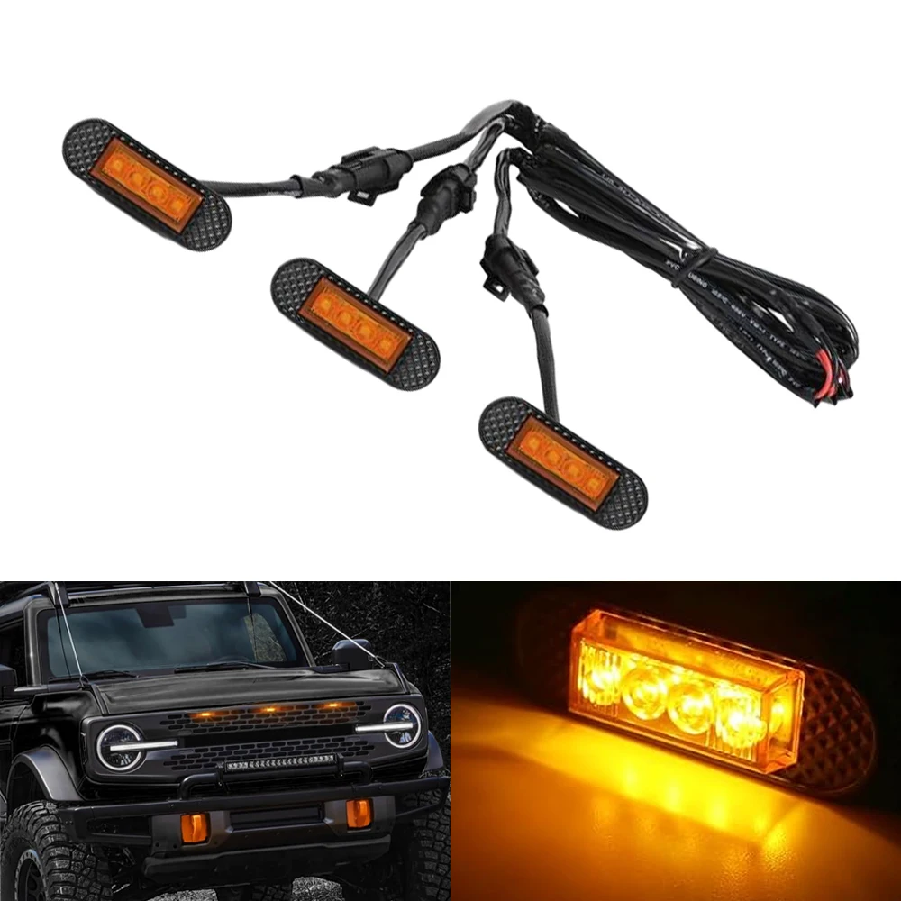 Front Grille LED Amber Light for Ford Bronco Badlands Wildtrak Everglades 2021 2022 2023 Smoke Amber Lens Front Grille Lamp