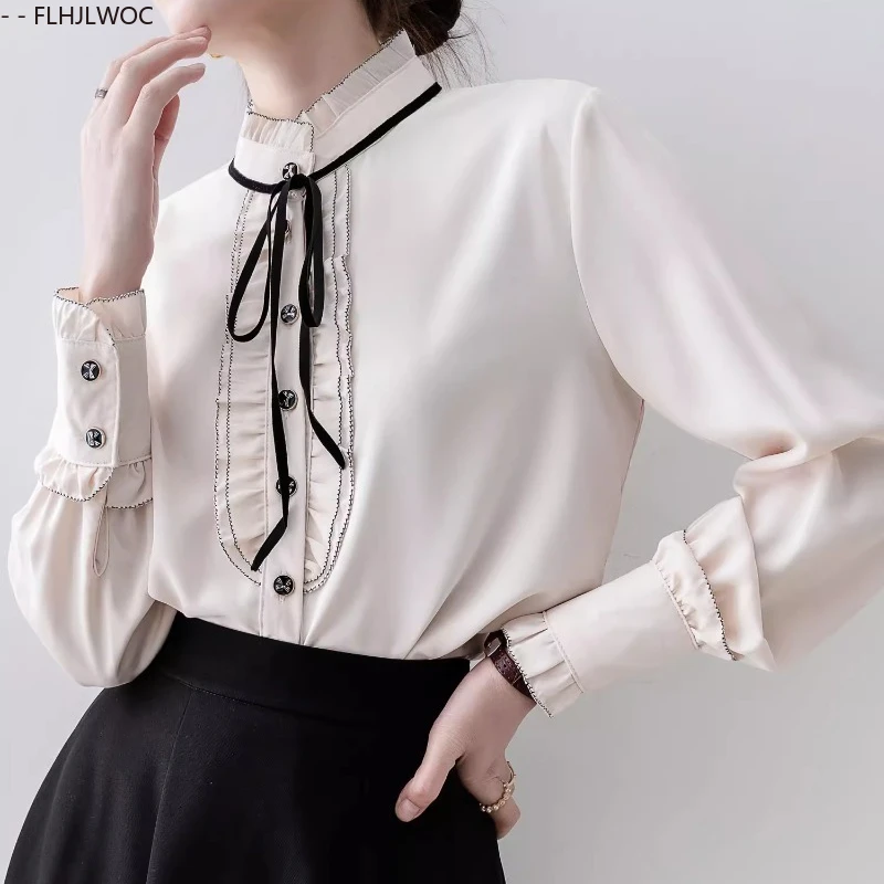 フリル付きレディースブラウス　2025年秋新作　キュートでスイートな女の子向け　プレッピースタイル　レースアップ　蝶ネクタイ　フォーマル　オフィスレディー　ベーシックシャツ