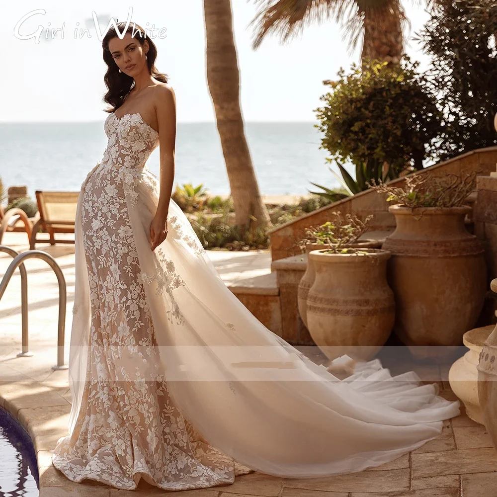 تخصيص قبالة الكتف الحبيب انفصال قطار الدانتيل حورية البحر فساتين الزفاف عارية الذراعين يزين مطرز ثوب الزفاف البوق