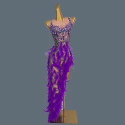 Irregular Purple Feathers Fancy Sparkly Rhinestone Long Dress Birthday Party Sexy Costume Nightclub Women Show Dress Zichuniao