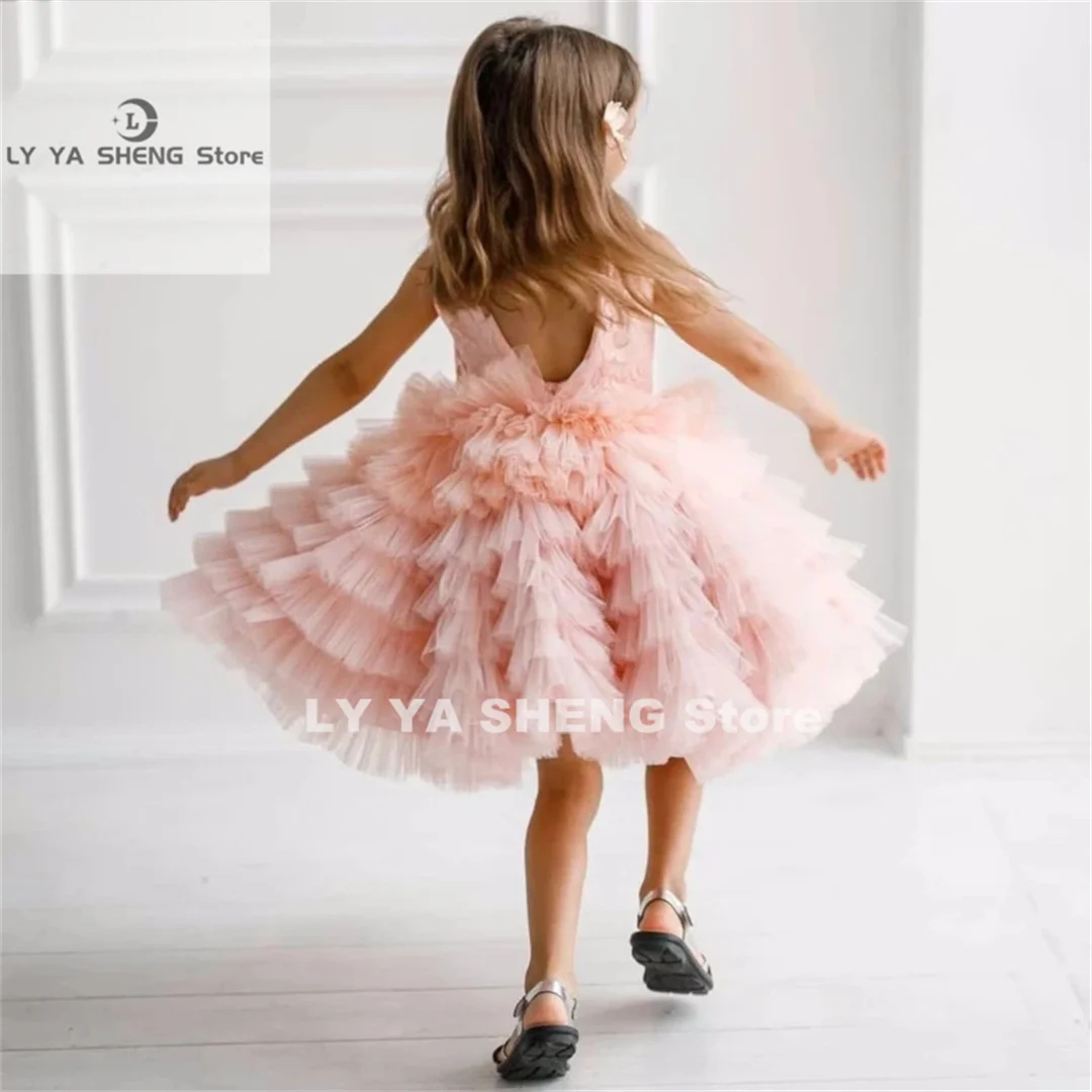 

Pink Flower Girl Dresses for Weddings Tulle Appliques Evening Party Baby First Communion Pageant Princess Kids Banquet Ball Gown