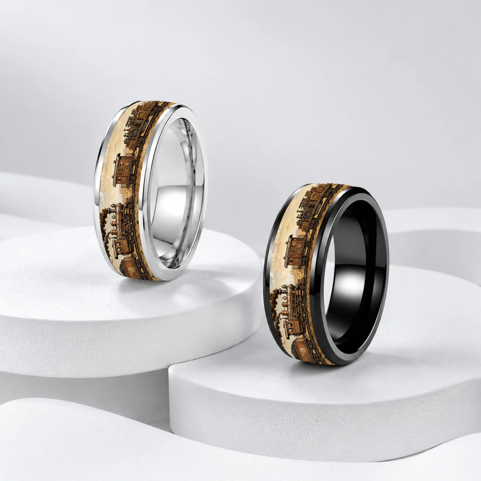 8MM Vintage Oil Painting Stainless Steel Rings Set Polished Unique Double Beveled Black And White Stainless Steel Jewelry