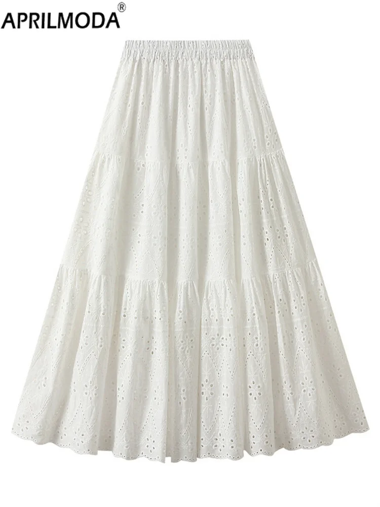 

Elegant Embroidery Women's White Long A-line Skirt 2025 Summer Hollow Lace Loose-fit Ladies Casual Runway Skirt Party Clothing