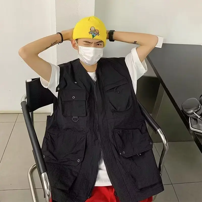 Chaleco funcional retro japonés de primavera con múltiples bolsillos para hombres y mujeres, chaqueta de trabajo informal multifunción con cuello en V para exteriores
