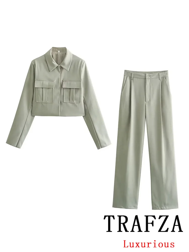 TRAFZA Vintage Casual Solid Women Suit Turn-down Collar Long Sleeve Pockets Jacket Loose Pants Fashion 2024 Spring Summer Sets