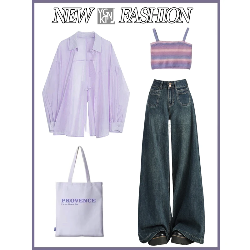 Zomer Anti-Uv irt Ontwerp Hoge Taille Jeans Vest Tee-delige Set Koreaanse Sle Agel Faion plus Size Kraag Button up