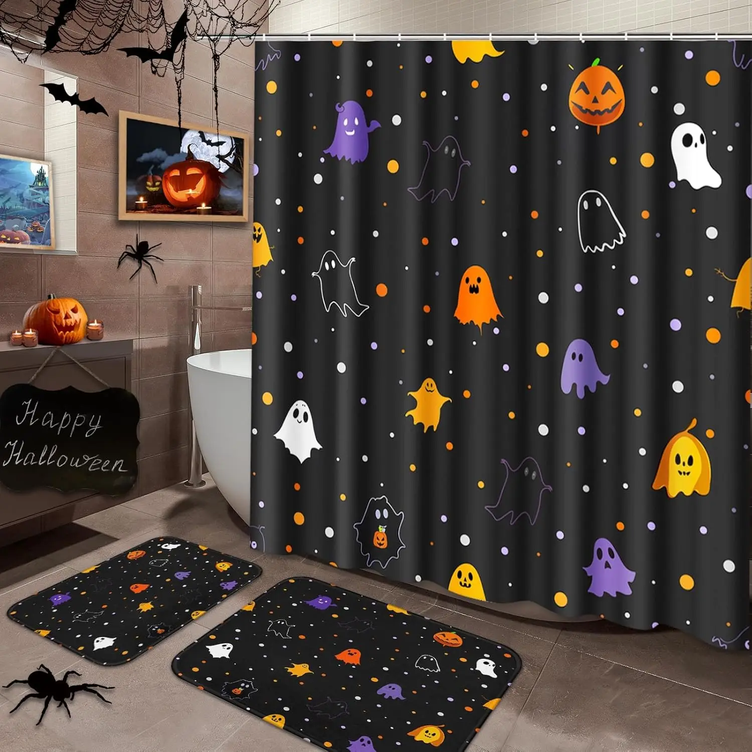 

Наборы для ванной комнаты на Хэллоуин с занавеской для душа и аксессуарами для ковриков, наборы занавесок для душа с забавными призраками, тропик или жизнь для душа