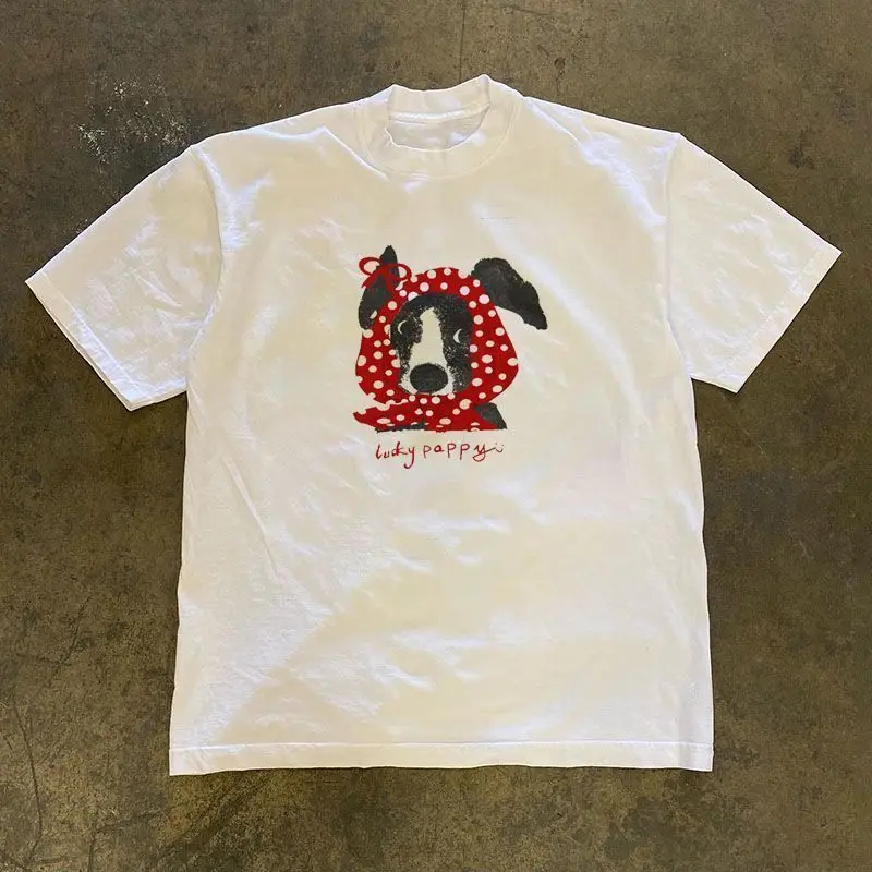 

Men's T-shirt pure cotton polka dot scarf Puppy print T-shirt Harajuku y2k casual O-neck short sleeve unisex