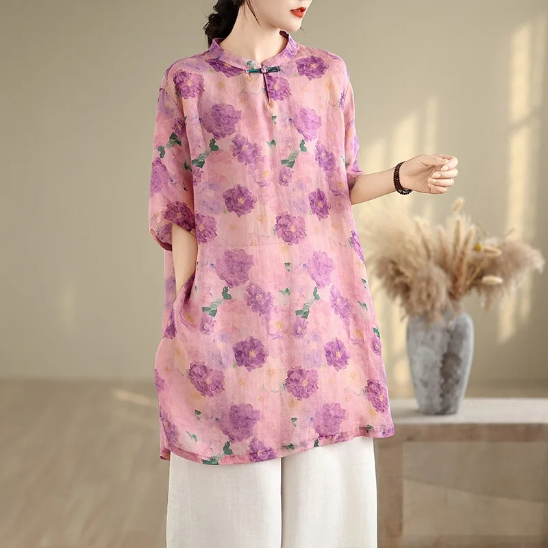 Camicetta da donna cinese di media lunghezza con stampa floreale casual, colletto rialzato, tendenza nazionale artistica, fibra di poliestere, ort...