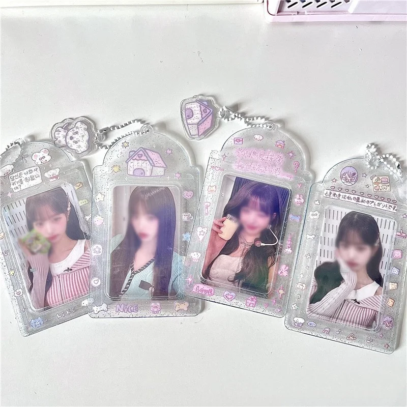 3 Inch Transparent Card Holder Women Cartoon Credit ID Bank Card Case Glitter Idol Photocard Display Sleeves Keyring Pendant