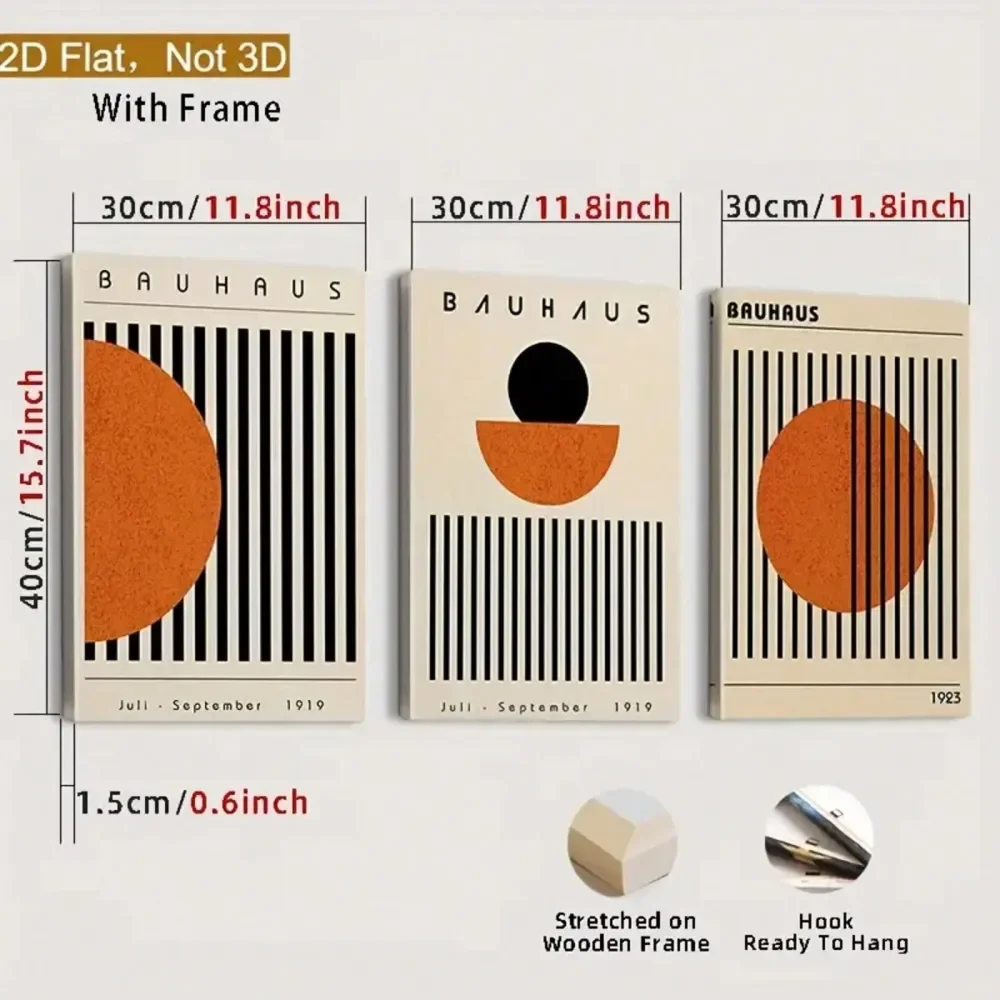 

Flat, 3pcs Set Framed Canvas Wall Art Posters MidCentury Bauhaus Geometric Line Illustration, Modern Minimalist Abstract Art St