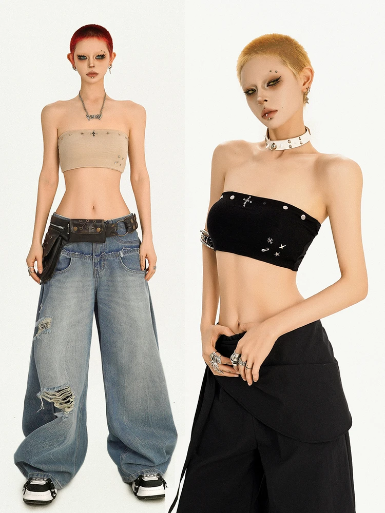 Nico Molly Punk Style Ripped Elastic Bandage Women's Vest  Anti Slip Prevent Exposure Tank Top Short Length  Color