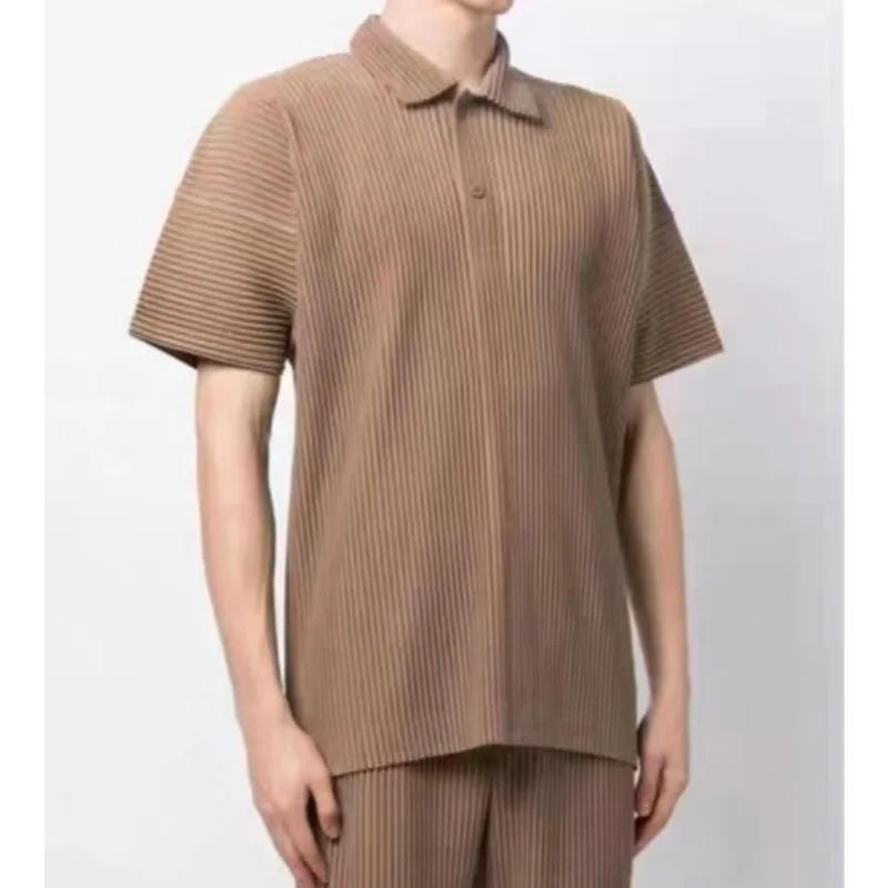 Miyake Pleated Polo Shirt 2026 Summer Classic Slim Fit Fashion Short Sleeve Loose Top Simple Solid Color Turn-down Collar Casual