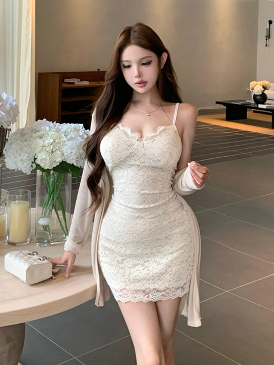 Sexy Lace V-neck Splice Strap Dress Bodycon Summer Fashion Set with Open Cardigan Inner Wear for Women Adult Casual Wear