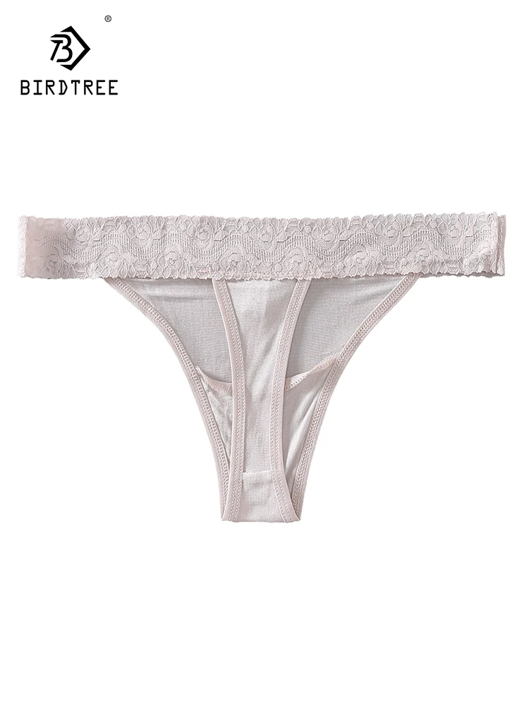 Birdtree 3PCS 30% Silk Briefs, Women Lace Sexy G-String Thong Panties, Solid Color Underwear Lingerie Intimates P30387QC