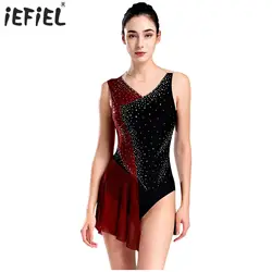 Womens Figure Skating Dance Leotard Sparkly Rhinestones Ballet Gymnastics Bodysuit Sleeveless Cutout Back Mesh Skirted Unitard