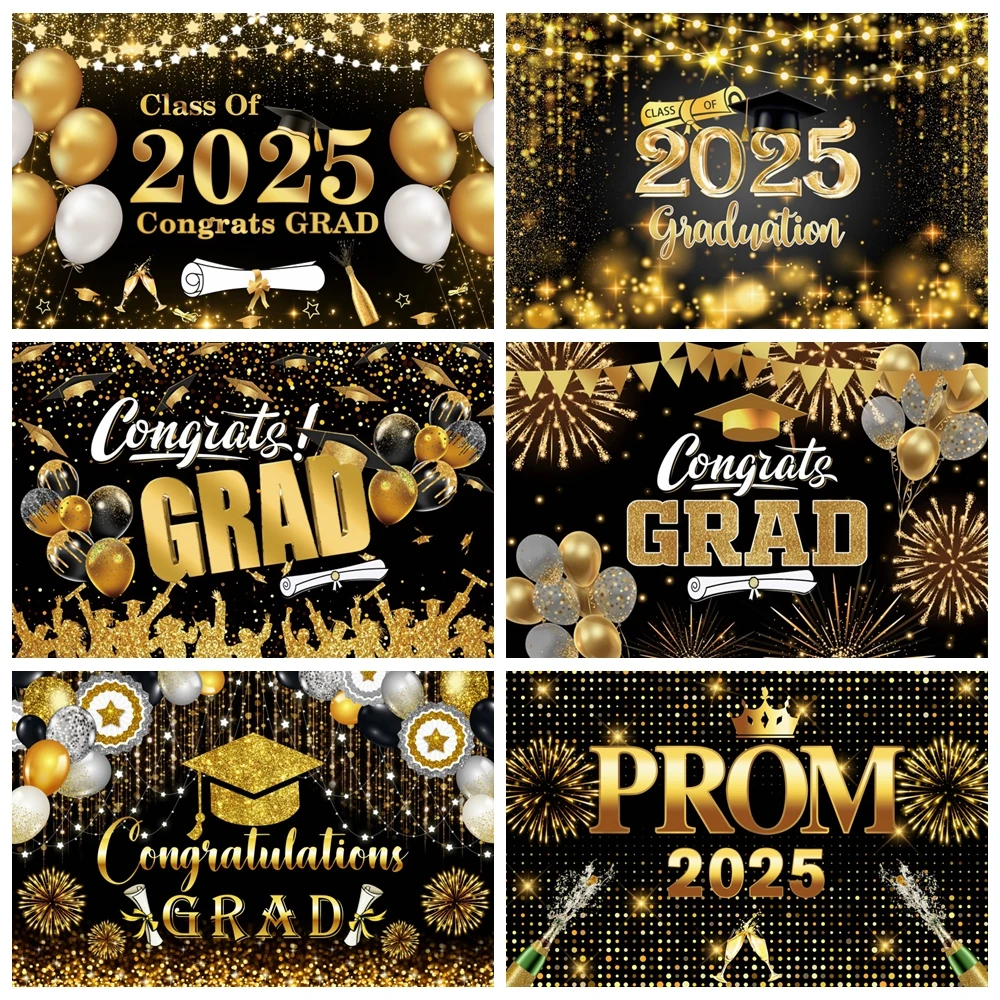 

2025 Graduation Theme Photography Backdrop Gold Glitter Balloons Bachelor Hat Graduation Ceremony Party Decor Photo Background