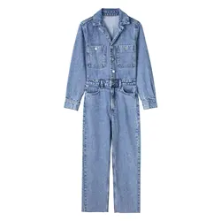 Tuta in Denim a maniche lunghe donna primavera autunno moda colletto rovesciato tasca monopetto Jeans gamba dritta blu