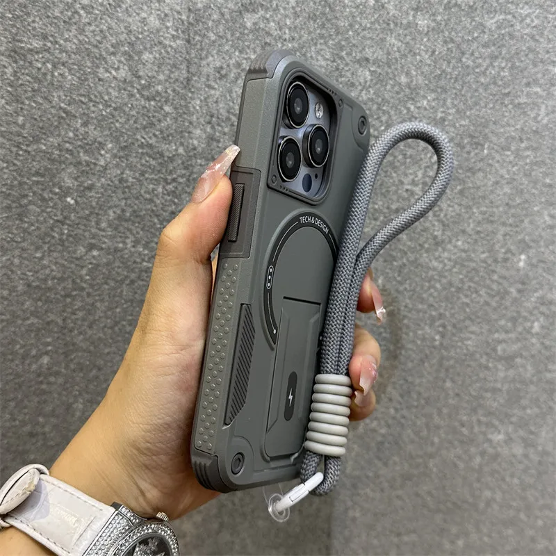Luxury Stand Holder Anti-fall for Magsafe Phone Case for IPhone 17 16 13 12 Pro Max 15 14 Plus Wrist Strap Shockproof Back Cover - view 2