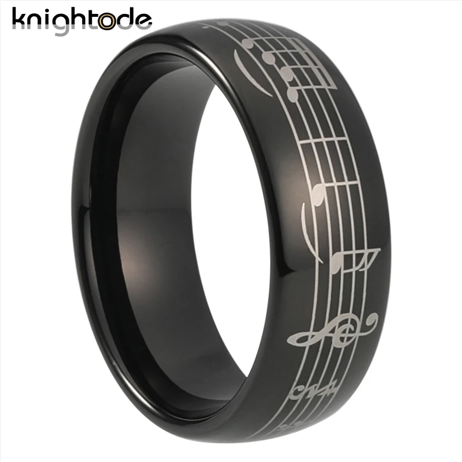 8mm Black Tungsten Carbide Piano Five-Line Note Music Ring For Men Women Wedding Band Jewelry Gift Dome Polished Comfort Fit