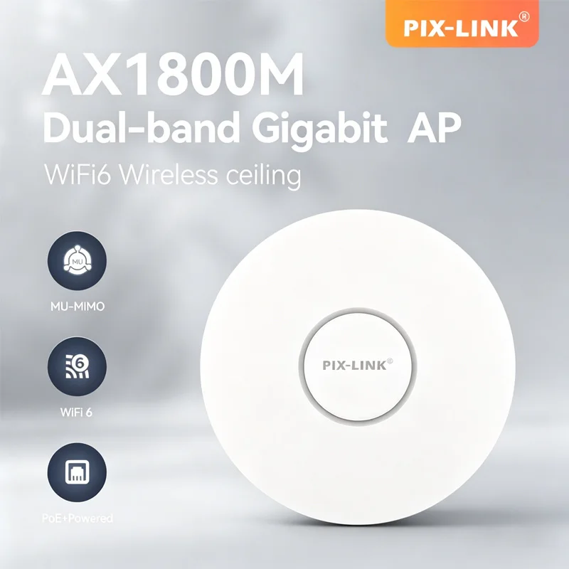 

PIX-LINK WiFi 6 потолочная точка доступа AX1800 1775 Мбит/с, двухдиапазонная, гигабитная, с питанием PoE+, MU-MIMO/OFDMA, для отелей/офисов