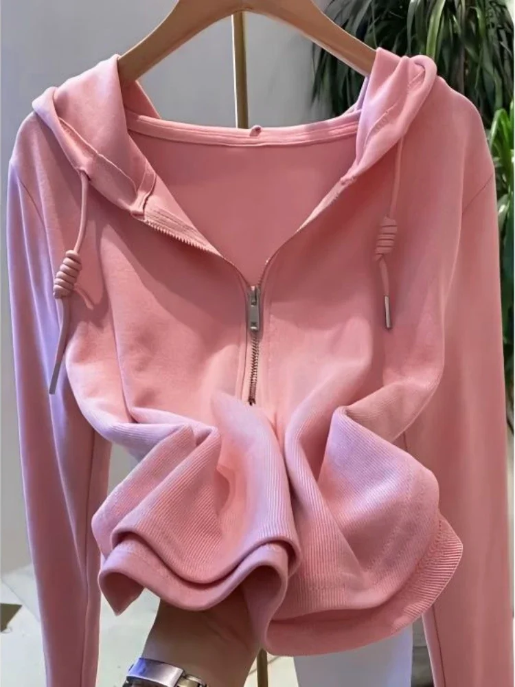 Sudadera deportiva con capucha para mujer, Top corto con cremallera completa, diseño básico, color rosa, blanco, 2000