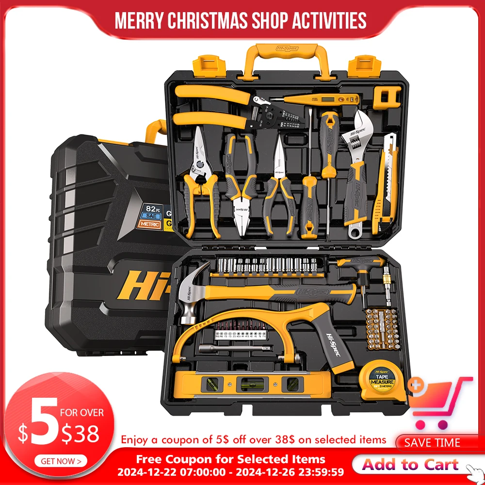 Hi-Spec 82 Pieces Household Tool Kit Workshop Hardware Daily Hand Tool Sets for Home Repair in Plastic Tool Box Storage Case