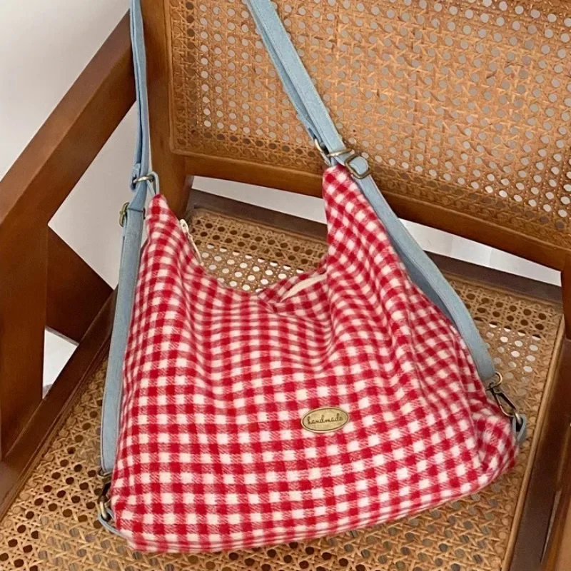 Xiuya-bolsa de ombro vermelha xadrez para mulher, mochila harajuku, grande capacidade, elegante, casual, estilo universitário, fofo, doce, moda, 2024