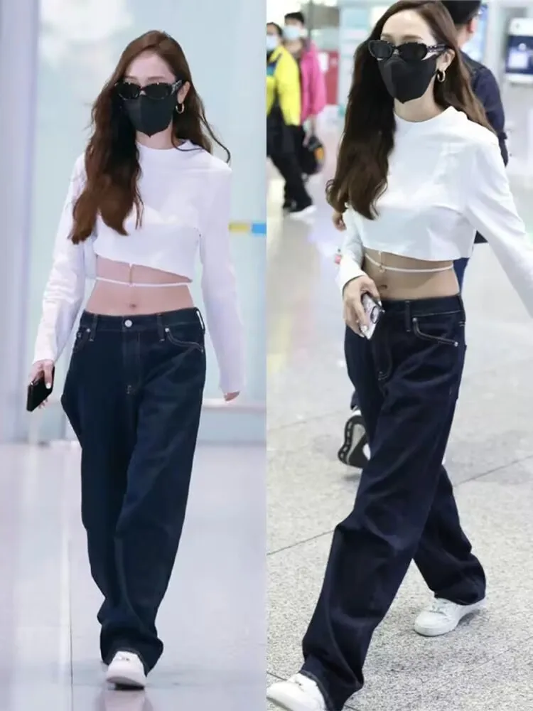 

High Waist Straight Leg Blue Jeans Women's Denim Pants Deep Blue Modern Style Comfortable Breathable Loose Fit for Daily Wear