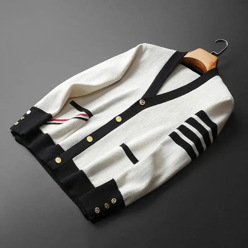 2026 New Men V Neck Knitted Cardigan Sweater Korean Fashion Casual Outerwear Spring Thin Jacket Male Pullover Tops