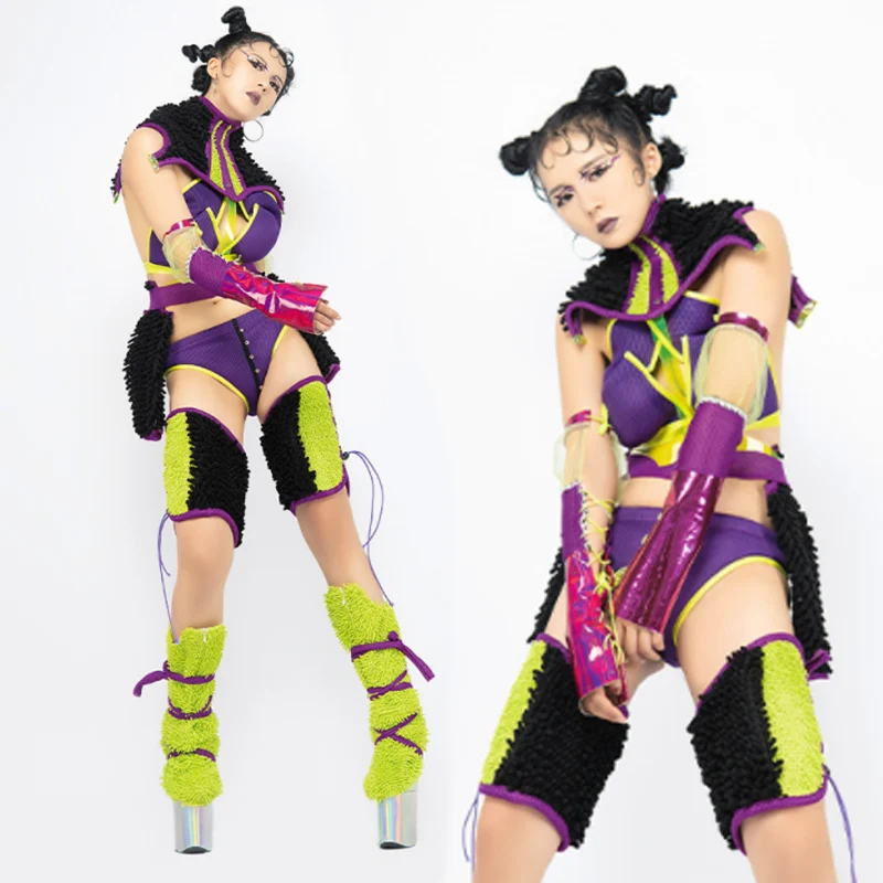 

Sexy Nightclub Gogo Dancer Costume Purple Bikini Coral Fleece Leg Cover Stage Clothes Clubwear Party Festival Clothing VDB4353