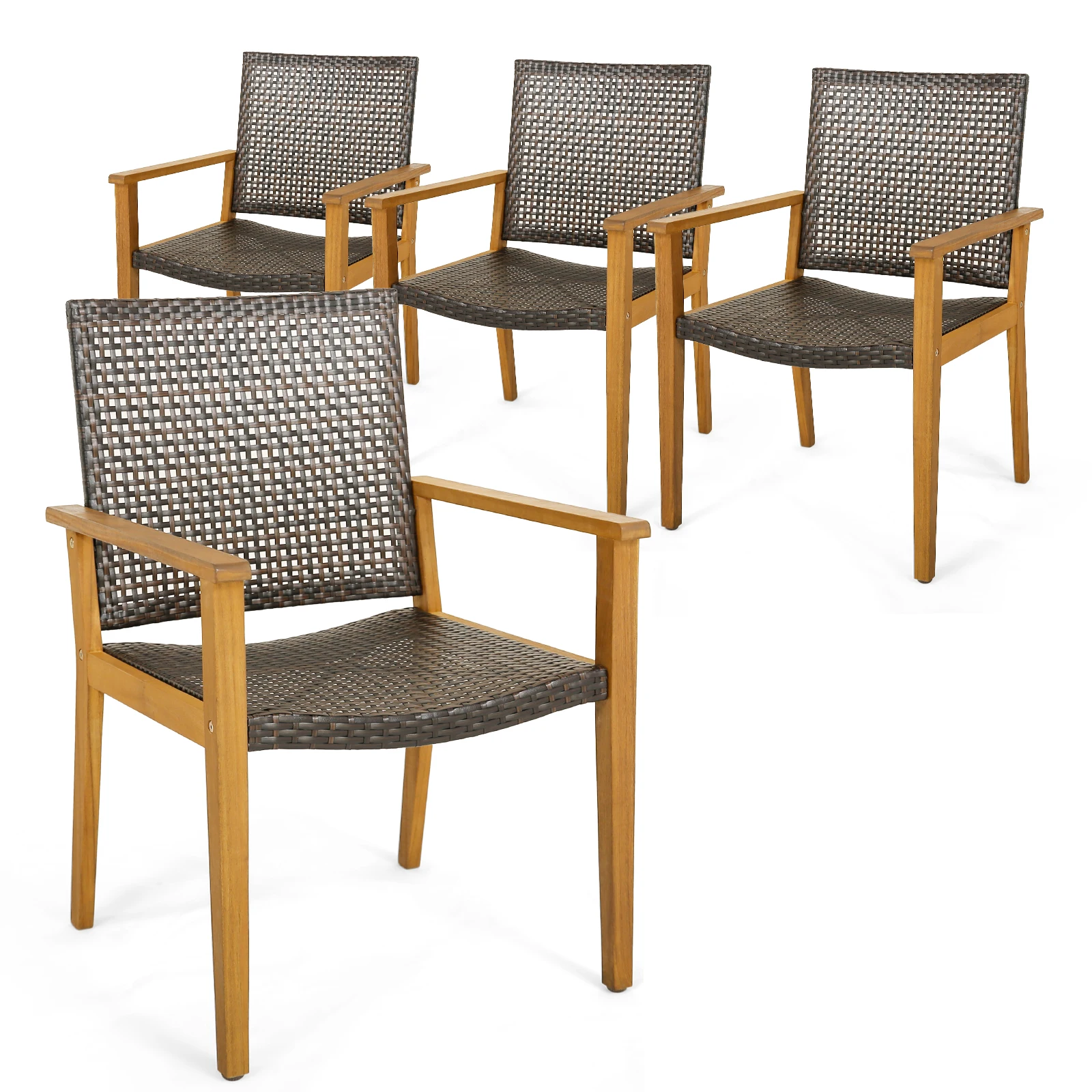 Set of 4 Patio Dining Chairs Outdoor Acacia Wood Rattan Armchairs Garden Balcony