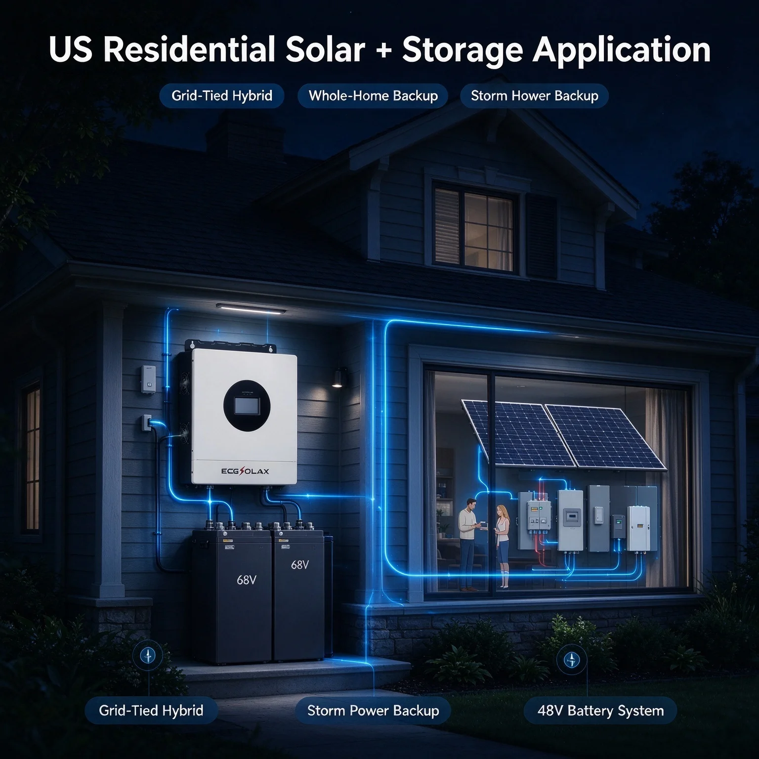 ECGSOLAX 8KW/12KW 48V Split Phase Hybrid Solar Inverter 120/240V 60Hz US Version, Up to 6 Units Parallel, Dual MPPT, NEC Compliant Home Energy Storage Inverter for Residential PV+Battery Backup