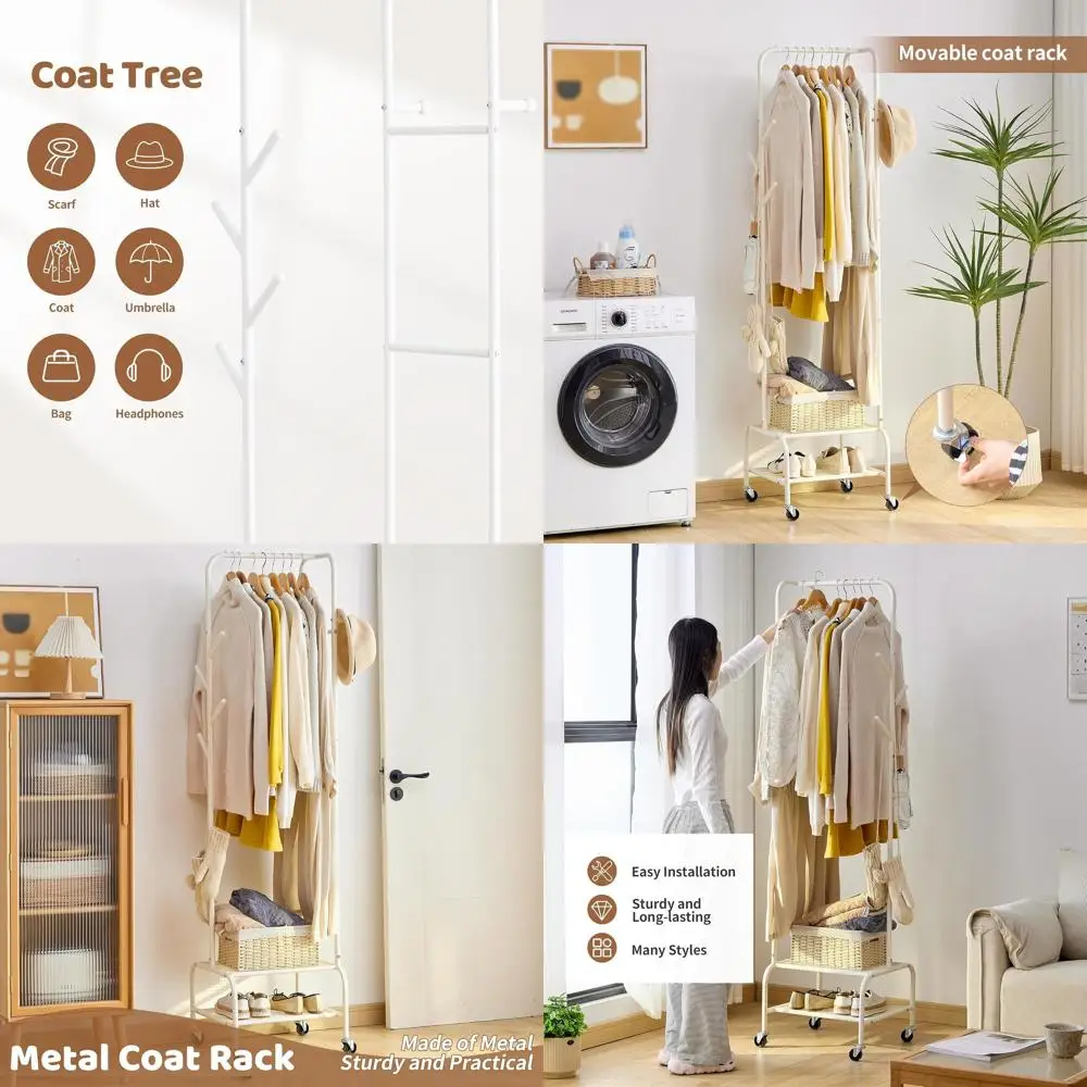 

Двухуровневая белая металлическая вешалка для одежды с 6 крючками и полками для хранения для прихожей или спальни