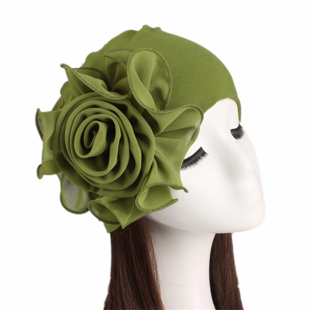 1PC Fashion Women Big Flower Turban Hat Solid Color Elastic Cloth Head Cap Muslim Head Wraps Caps Lady Bandana Hair Accessories