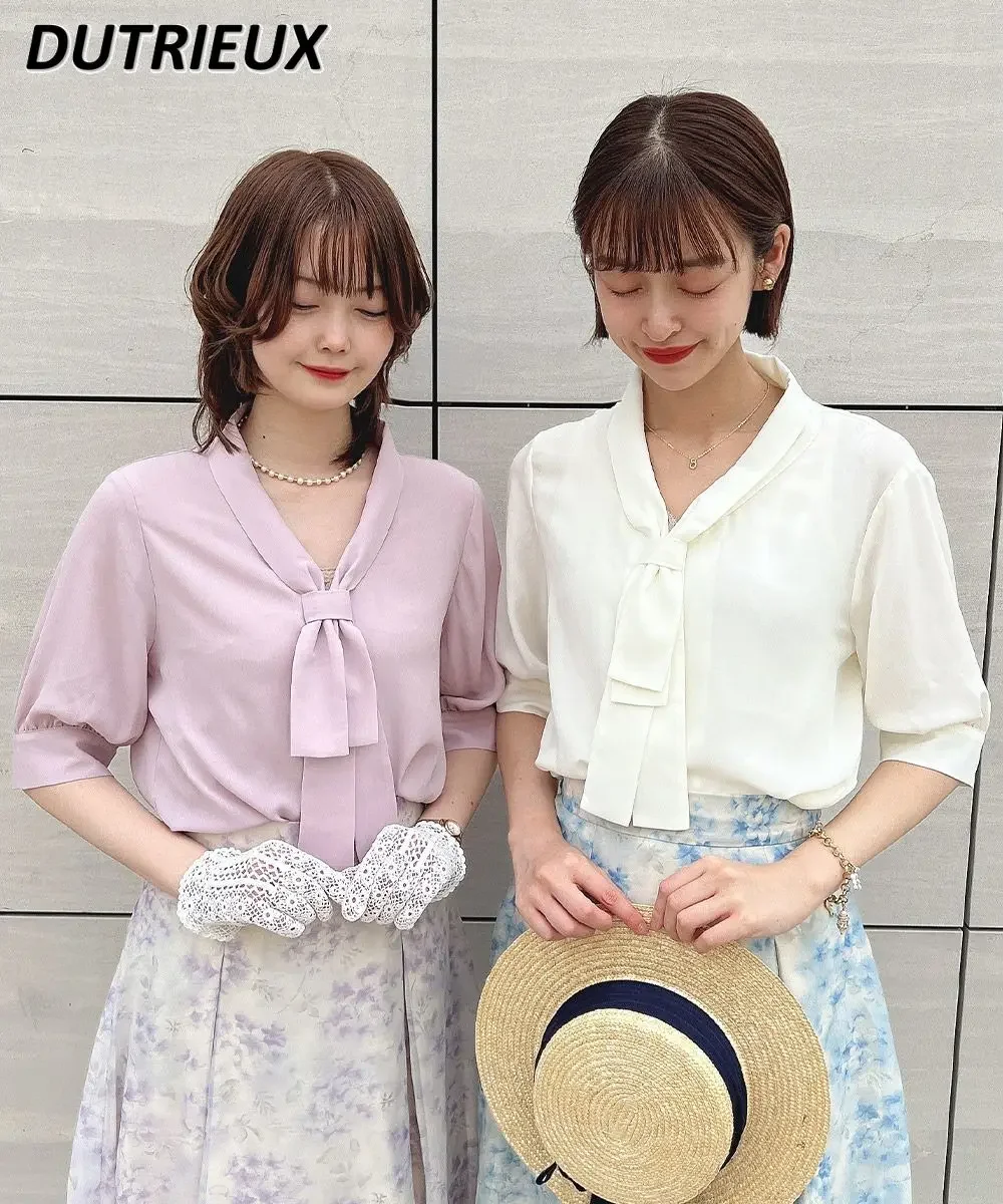 

Summer New Lady Shirt Pure Color Women's All-Matching Top Drawstring Shirt Short Sleeve Loose Temperament All-Matching Blouse