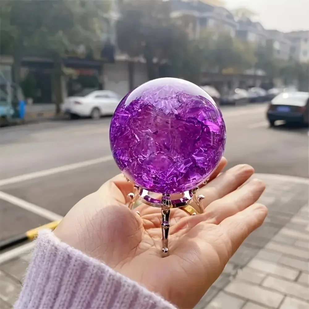 Elegant Purple Crystal Ice Crack Sphere with Metal Base, Stunning Home Accent, Unique Dad Gift Idea, Decorative