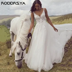 RODDRSYA Romantic Backless Tulle Wedding Dresses Sleeveless Lace Applique robe de mariée A Line Boho Bridal Gowns Custom Made