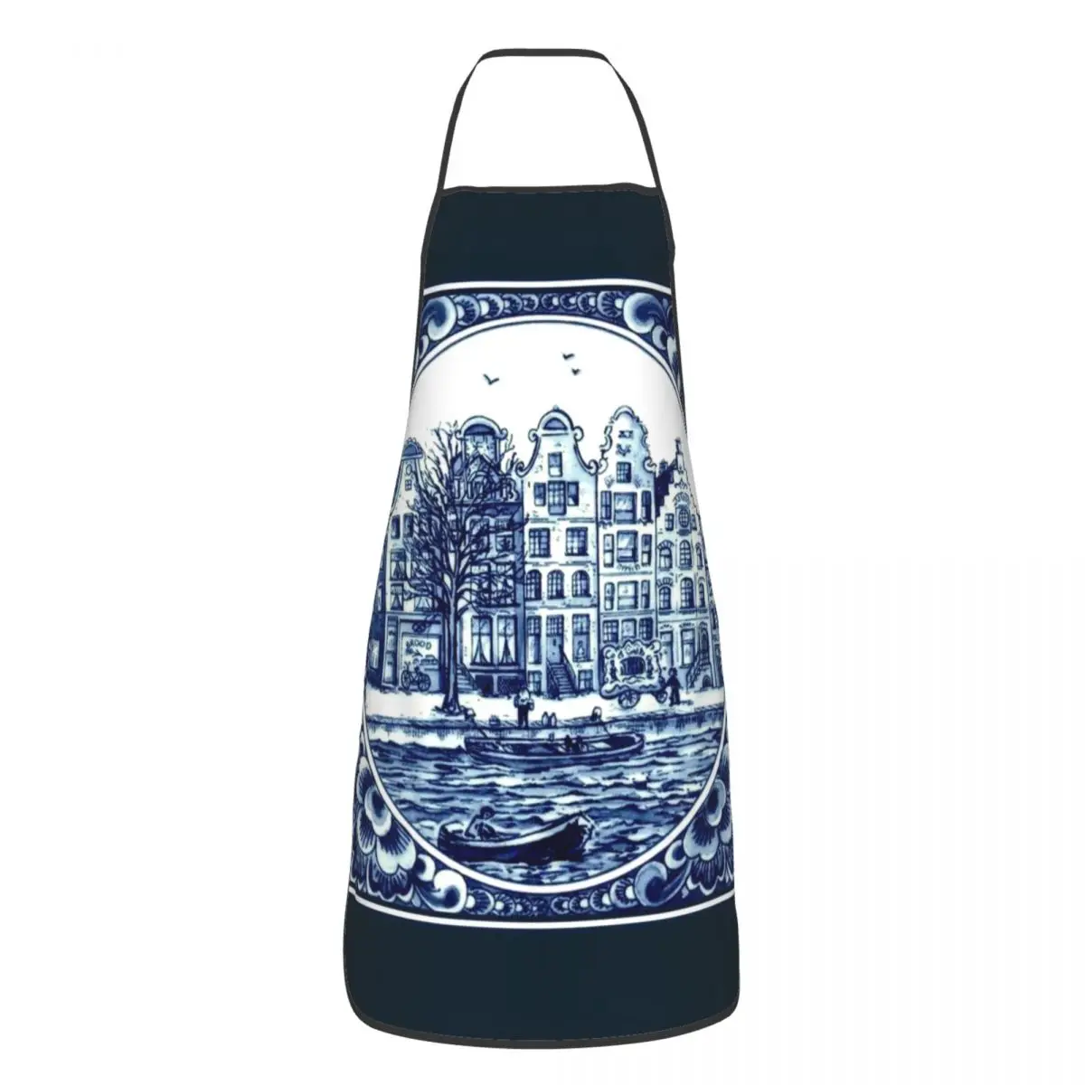 Custom Dutch Blue Delft Vintage Boats Print Aprons for Men Women Adult Unisex Chef Bib Tablier Cuisine Cooking Baking Gardening