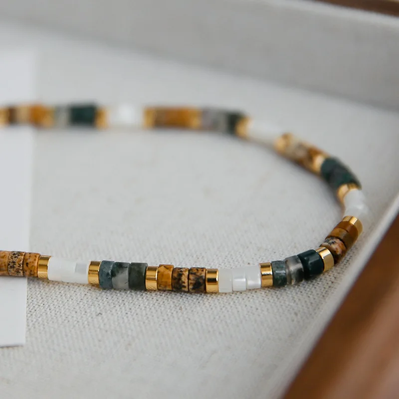 Minar Ethnic Multicolor Contrasted Natural Stone Beaded Necklace for Women Handmade Cubes Thread Strand Chokers Pendientes 2024