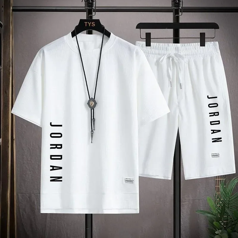 Stylish casual T-shirt + Shorts set Men's sports set Loose comfortable low Run 2025 men's summer Waffle suit