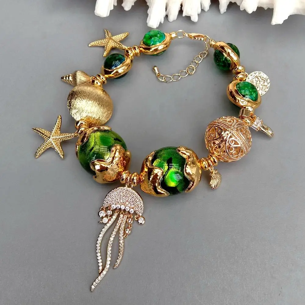 Y·YING Green Murano Glass White Pearl Gold Plated Charm Beaded Bracelet Handmade Fashion Jewelry