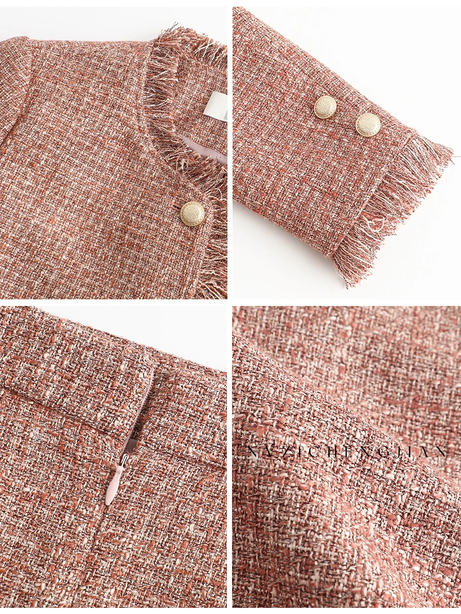 

Розовый твидовый костюм-двойка для женщин: весенний модный комплект с длинными рукавами и круглым вырезом, для офиса и повседневной носки