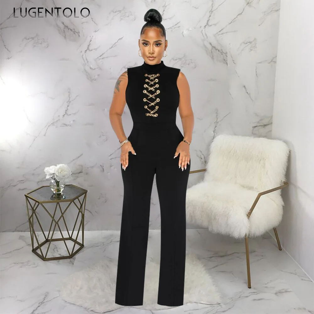 Office Lady Jumpsuit High Waist Elegant Black One Pieces Chain Short Sleeve Straight Wide Leg Romper Birthday Overalls Jumpsuits
