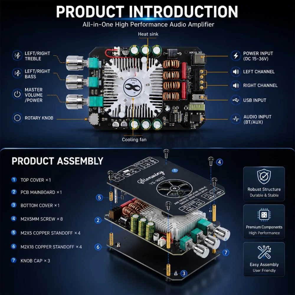 Mini Bluetooth 5.0 YS-TB21/TB21H/1602T/MT21 50+100 Dual Channel Audio Power Digital Amplifier Board Stereo Amplifier DC 12V 24V