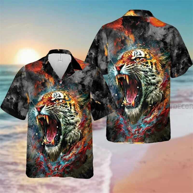 Forest Terror Tiger Print Shirts For Men Clothing Animal 3D Printed Blouses Hawaiian Holiday Party Lapel Camisa Button Tops Male