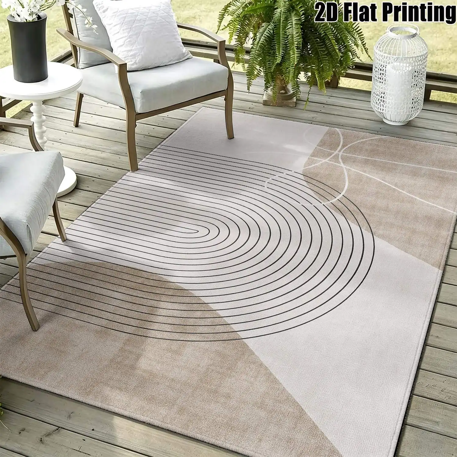 1Pc 2D Printed Beige Geometric Line Nordic-Style Carpet, Instagram-Inspired Modern Minimalist Striped Floor Mat, Home Decor, Multi-Size, Machine-Washable For Entrance, Dining, Foyer, Bedroom, Living Room.