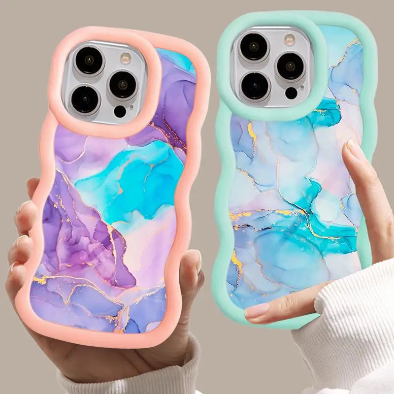 Luxury Purple Blue Marble Art Macaron Waves Phone Case for iPhone 16 15 14 13 12 11 pro Max XS X 7 8 plus Silicone Candy Cover