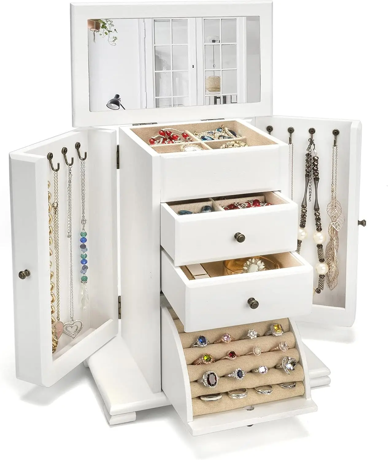 

Rustic Wooden Jewelry Box with Mirror, 4-Layer Organizer for Rings Earrings Necklaces Bracelets in Weathered White