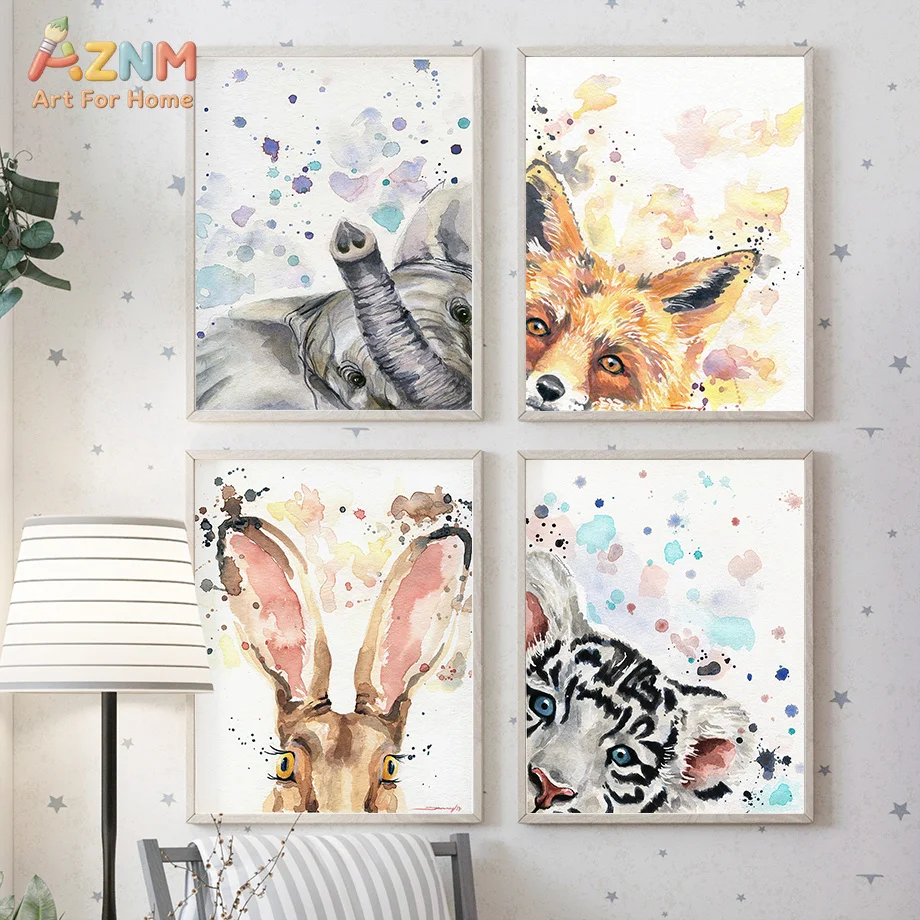 AZNM Frameless Canvas Poster Watercolor Wild Animal Print, Elephant Fox Hare Tiger Cub Splash Color Wall Art Picture for Baby Nu